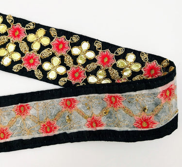 Black Art Silk Fabric Trim, Salmon Pink & Gold Floral Embroidery Gota Patti Indian Sari Border Trim By Yard Decorative Trim Craft Lace